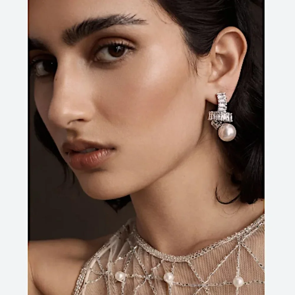NEW ~ Anthropologie, BHLDN, Gemelli Pearl & Rhinestone Silver Twist Earrings